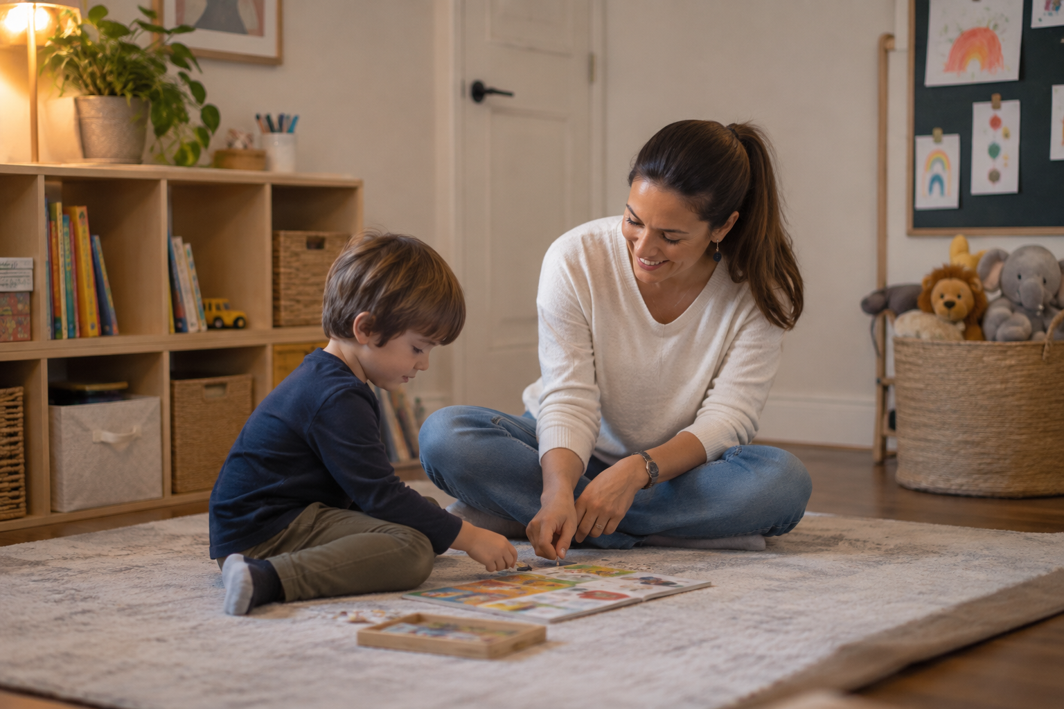 Speech-language pathologist sitting on the floor working with a child
