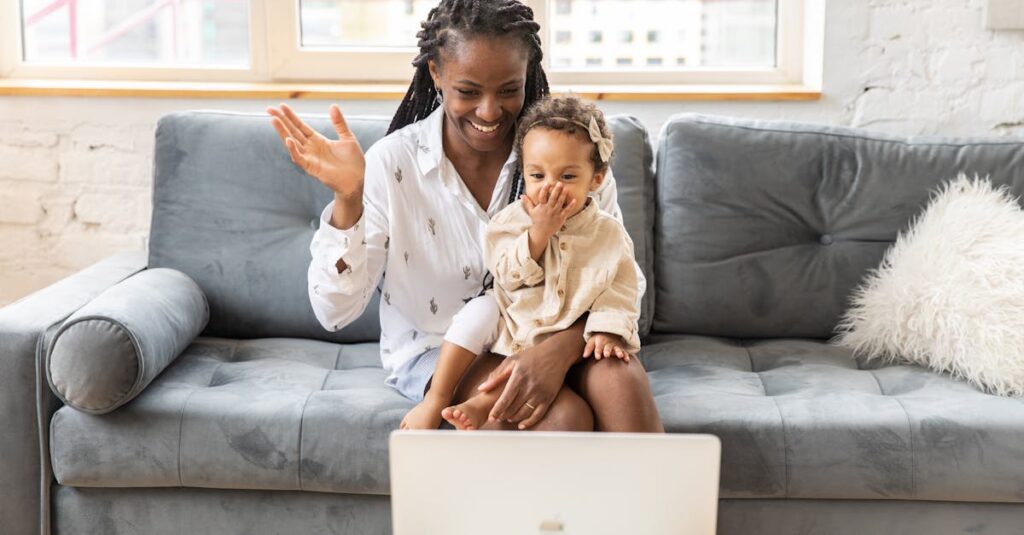 A pediatric SLP providing online parent coaching for speech therapy via a video call.